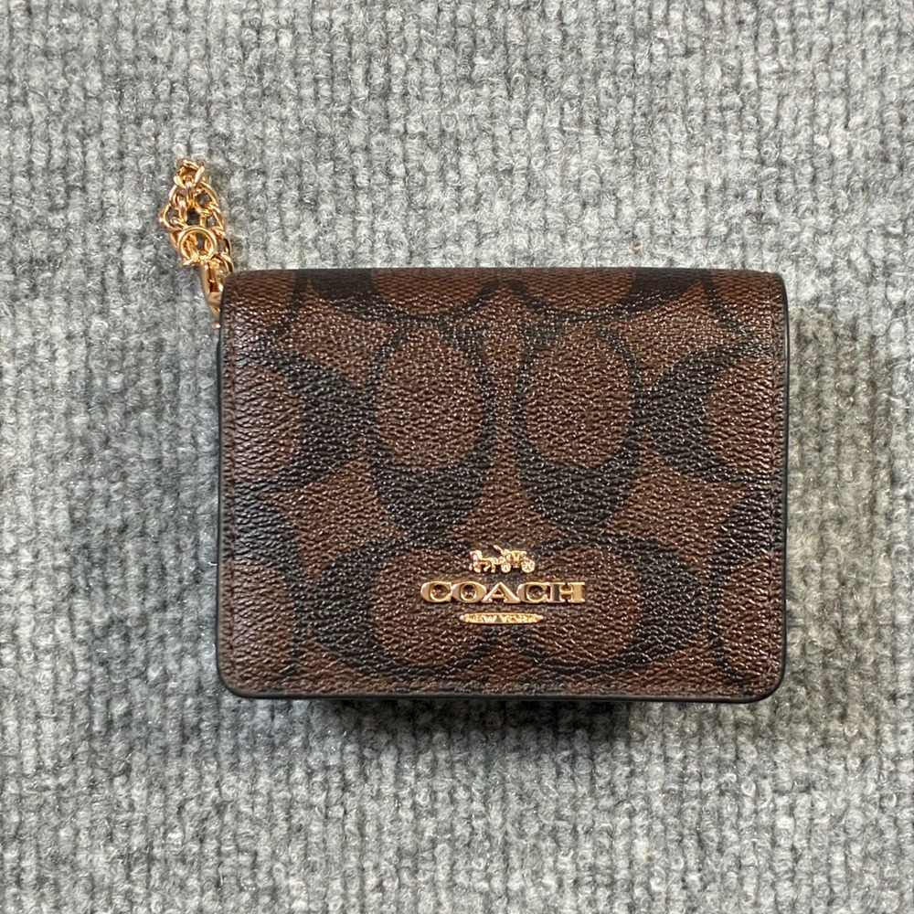 Coach Mini Wallet On Chain Womens OS Brown Black Signature Monogram C6650 New